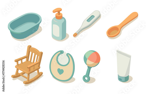 Baby care flat icon set. featuring bathtub, soap, thermometer, spoon, rocking chair, bib, rattle, and lotion