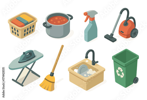 Household items flat icon set. featuring laundry, cooking pot, cleaning spray, vacuum, ironing board, mop, sink, recycling bin