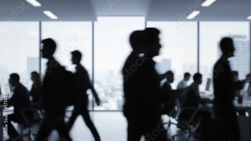 Blurred Timelapse of Busy Corporate Office - A blurred timelapse video shows silhouetted business people walking and working in a modern corporate office with large glass windows overlooking a city.
