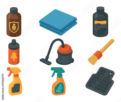 Car cleaning supplies flat icon set. featuring cloth, waxing brush, vacuum, spray bottles, and floor mat symbols
