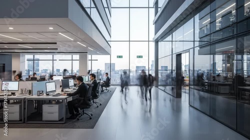 Blurred Timelapse of Busy Corporate Office - A timelapse video shows a modern corporate office with glass windows and many people moving around.
