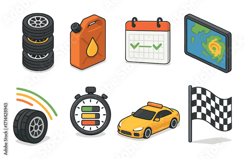 Racing elements flat icon set. featuring tire stack, fuel can, calendar, map, speedometer, stopwatch, car, checkered flag
