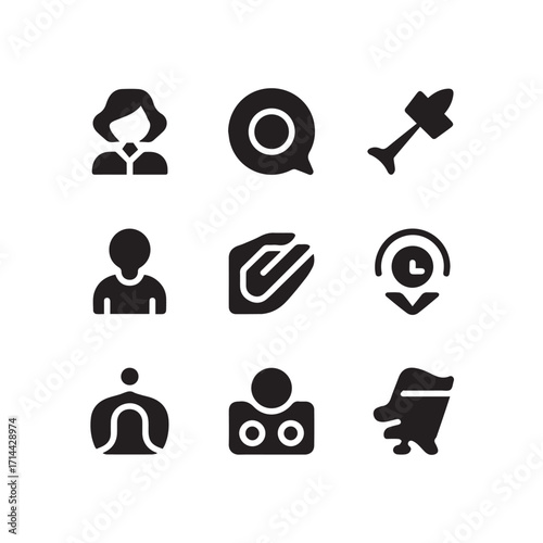 Set of nine black solid icons representing various concepts like people, communication, and location, isolated on a white background technology background