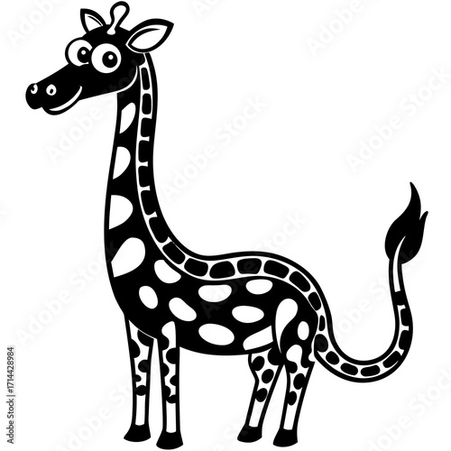 Playful cartoon black and white giraffe with exaggerated looping neck, bold outlines, minimal shading, white background