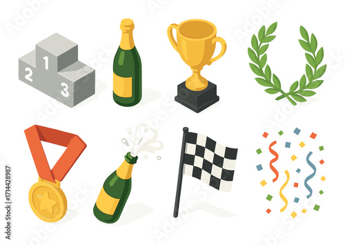 Celebration flat icon set. featuring podium, champagne, trophy, laurel, medal, flag, and confetti symbols