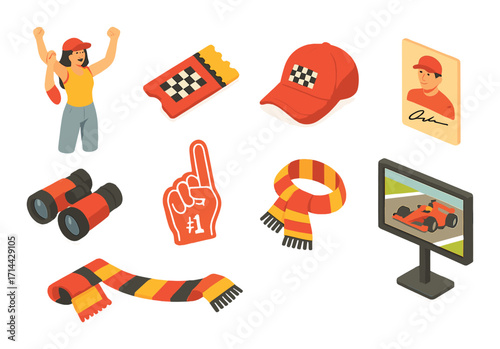 Motorsport fan flat icon set. featuring cap, ticket, autograph, finger, scarf, binoculars, screen
