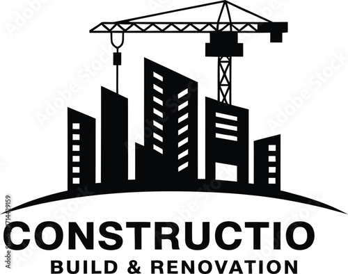 Construction build renovation company logo with crane and city buildings symbol