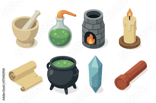 Alchemy flat icon set. featuring mortar, potion, furnace, candle, scroll, cauldron, crystal, telescope