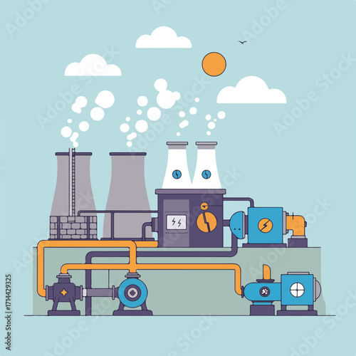 Stylized cartoon nuclear power plant with pipes, steam, cooling towers and pumping system