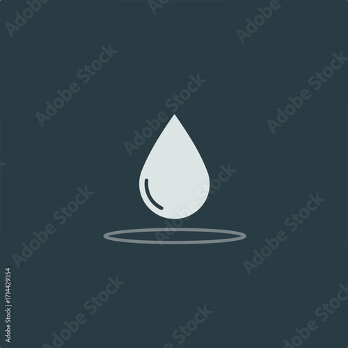 Stylized water droplet falling to a flat surface, gray on a dark teal background