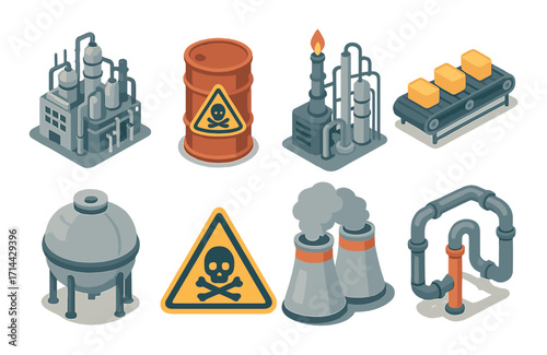 Chemical industry isometric icons set. featuring factory, barrel, refinery, machinery, tank, warning, pipe, smokestack