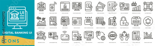 Digital Banking UI line icon set. Digital Banking, Mobile Payment Symbol, Secure Login Screen, Account Balance Display, Fund Transfer Button, Credit Card Interface and Transaction History List