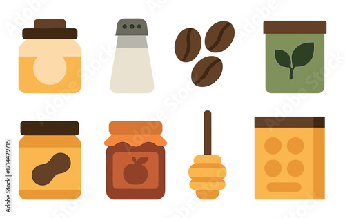 Kitchen essentials flat icon set. featuring coffee, honey, salt, peanut butter, jam jar, spices