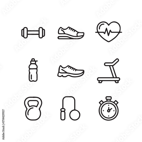 Set of nine simple black outline icons representing fitness and health elements, isolated on white background technology background