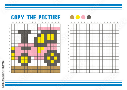 Copy the picture grid drawing worksheet for kids. Pixel art tractor