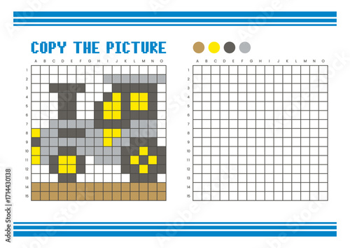 Copy the picture grid drawing worksheet for kids. Pixel art tractor