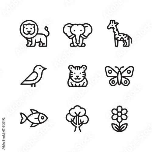Set of nine simple line art icons depicting various animals, plants, and objects, isolated on a white background technology background