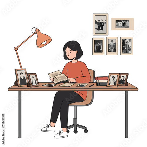 A woman reviews old monochrome photos at a desk with a lamp, books, and framed pictures