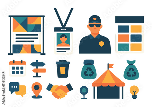 Event management flat icon set. featuring banner, badge, guard, palette, calendar, guide, recycle bin, tent, chat, handshake