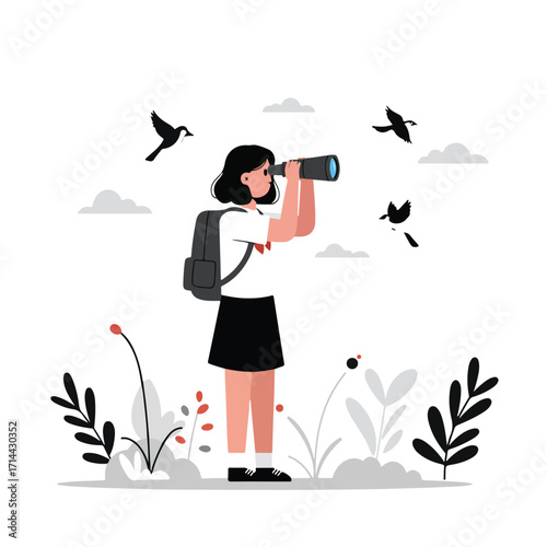 Cartoon girl with backpack using a telescope surrounded by flora and flying birds