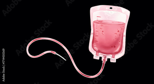 Close-up studio shot of a blood bag with a tube, rendered in a watercolor style with pink tones against a black background.