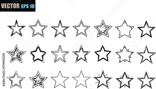 Collection of hand drawn sketchy star shapes in various styles and sizes on a white background for design elements