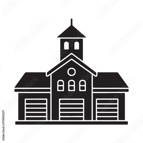 Fire Station Building Icon with Tower and Garage Bays