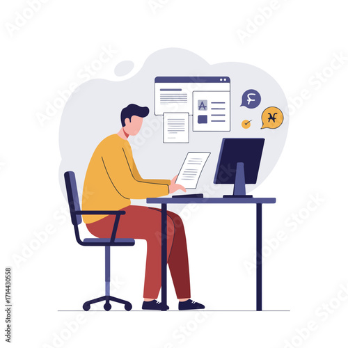 Person works from home; types on a document while viewing a computer screen with info