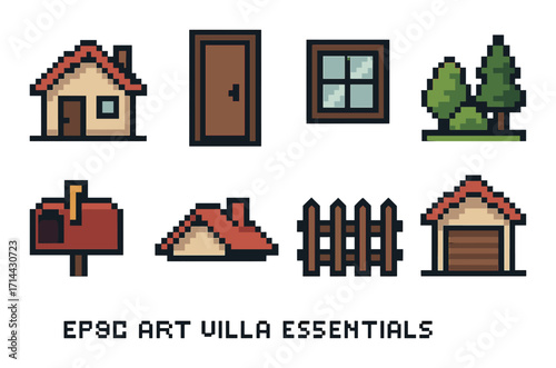 Pixel art icon set. featuring house, door, window, trees, mailbox, roof, fence, garage