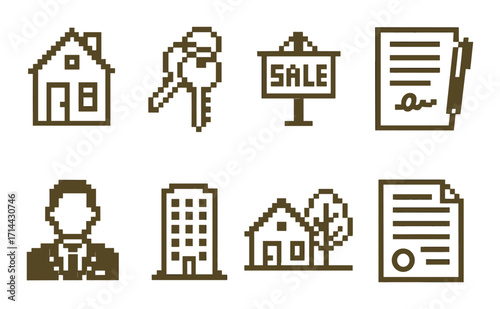 Real estate silhouette icon set. featuring house, keys, sale sign, contract, agent, building symbols