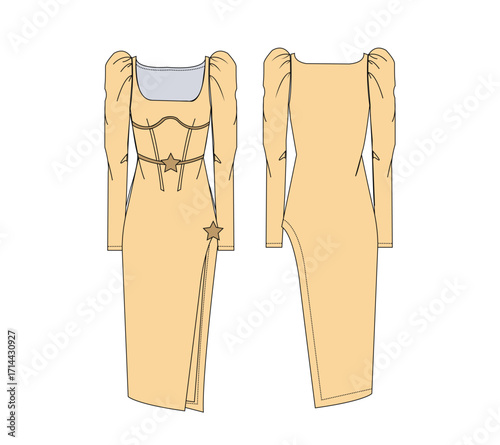 Midi Dress fashion flat technical drawing template puff sleeves, side split, square neck, front and back view