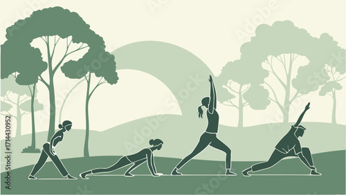 Mindful flow yoga sequence in serene nature setting for wellness and flexibility training