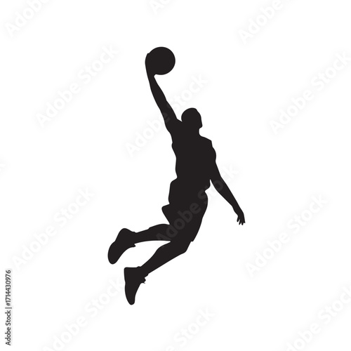 Silhouette of a basketball player dunking a ball isolated on white background technology background