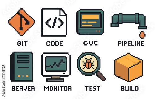 Software development pixel icon set. featuring git, code, ci/cd, pipeline, server, monitor, test, and build symbols