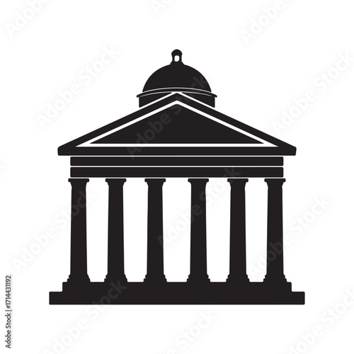 Black Silhouette of a Classical Building with Columns, Pediment, and Dome