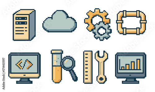 Pixel art icons set. featuring server, cloud, gears, tube, wrench, ruler, magnifying glass, coding symbols