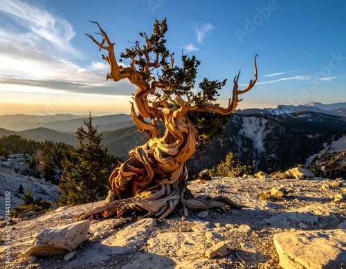 Ancient bristlecone pine on mountaintop at sunset