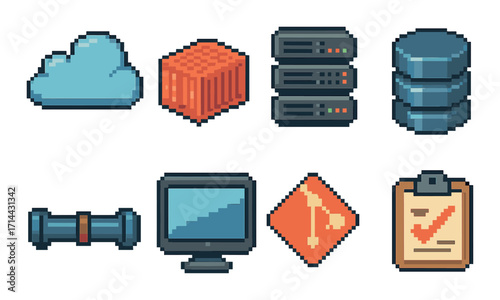 Data and technology flat icon set. featuring cloud, server, database, monitor, and pipe symbols