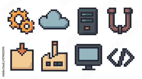 Industry pixel icon set. featuring gears, cloud, server, magnet, download, factory, monitor, code symbols
