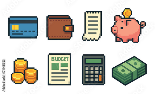 Finance pixel art icon set. featuring credit card, wallet, receipt, piggy bank, coins, budget, calculator, and cash symbols