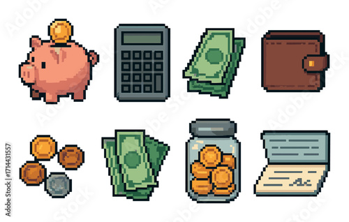 Financial planning pixel icon set. featuring piggy bank, calculator, cash, wallet, coins, jar, and check symbols