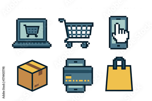 Online shopping flat icon set. featuring cart, mobile purchase, delivery, payment, and bag symbols