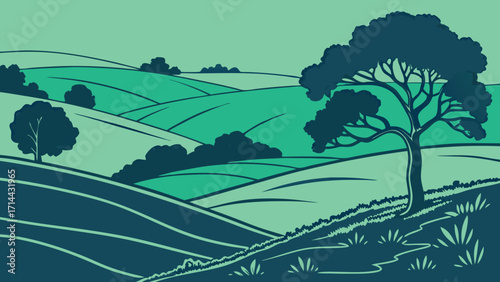 Peaceful rolling hills landscape with tree, originally vector, evoking serenity and natural beauty