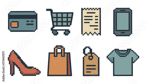 Shopping and retail pixel icon set. featuring card, cart, receipt, mobile, shoe, bag, tag, and shirt icons