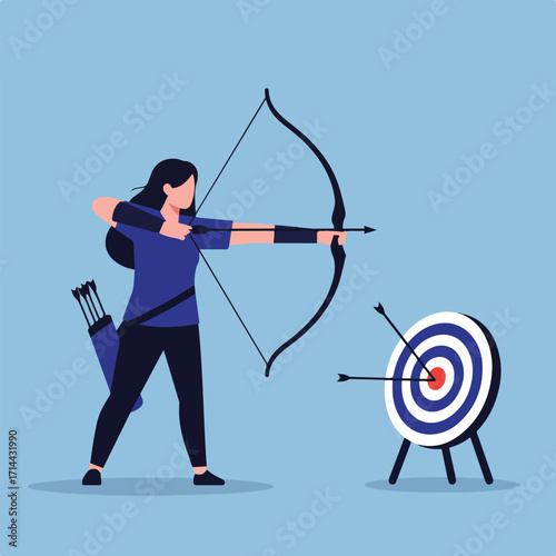 Woman archer aims bow and arrow at bullseye target against a light blue background