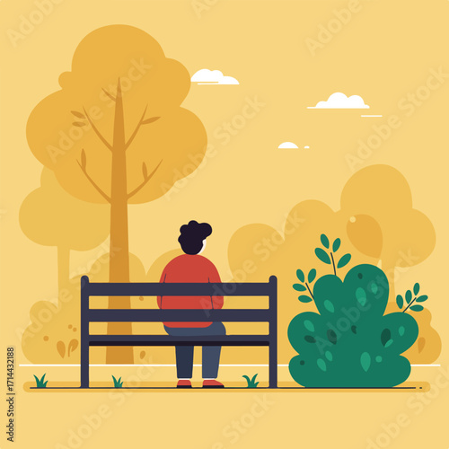 Person on a park bench with trees and bushes against a solid gold background, flat design