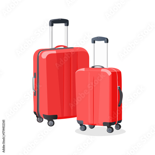 Two red suitcases with wheels and handles isolated on transparent background