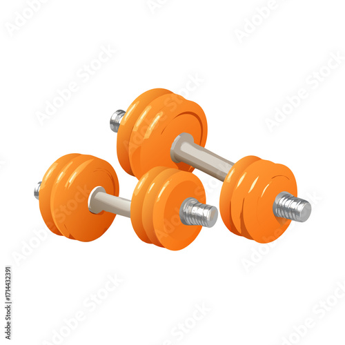 Two orange dumbbells with silver handles isolated on transparent background