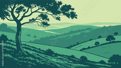 Serene rolling hills landscape with tree, calming countryside vista, peaceful nature scene, vector graphic