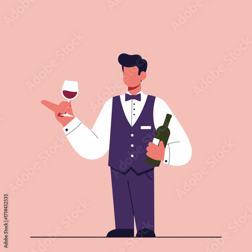 A cartoon server dressed in a vest holding a wine glass and bottle on a peach background